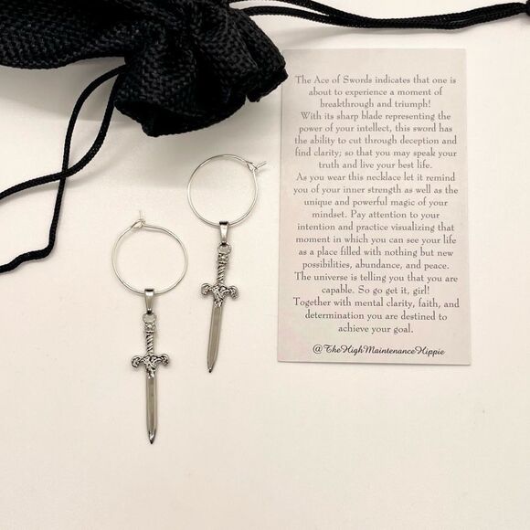 HighMaintenanceHippie Small Silver Drop Hoop Earrings with Excalibur Swords - Picture 2 of 2